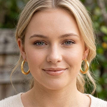 18K Gold Filled Thick Twisted Hoop Earrings – Chunky Ribbed Medium Gold Hoops for Women