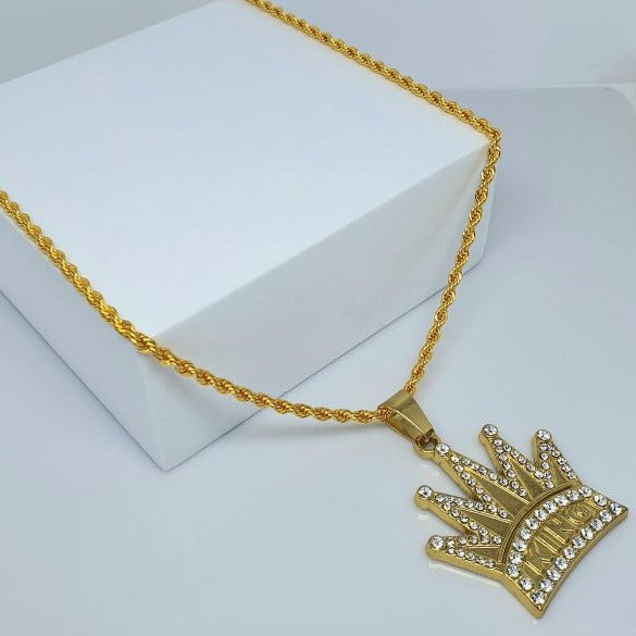 Gold Toned Iced Out Crown King Necklace