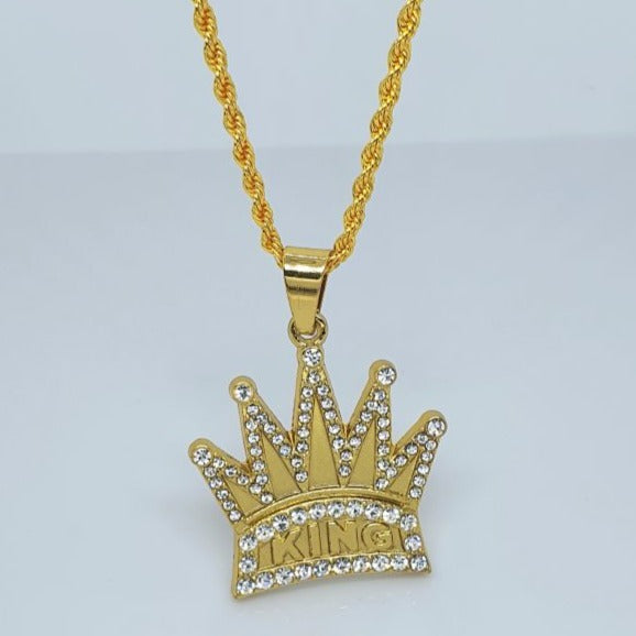 Gold Toned Iced Out Crown King Necklace